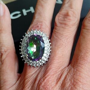New!Elegant, large created mystic topaz,silver plated,gemstone ring!